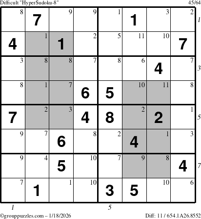 The grouppuzzles.com Difficult HyperSudoku-8 puzzle for Sunday January 18, 2026, suitable for printing, with all 11 steps marked