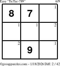 The grouppuzzles.com Easy TicTac-789 puzzle for Sunday January 18, 2026 with the first 2 steps marked