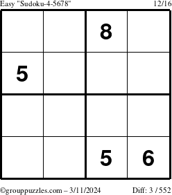 The grouppuzzles.com Easy Sudoku-4-5678 puzzle for Monday March 11, 2024