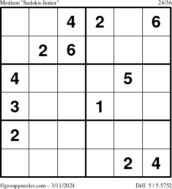 The grouppuzzles.com Medium Sudoku-Junior puzzle for Monday March 11, 2024