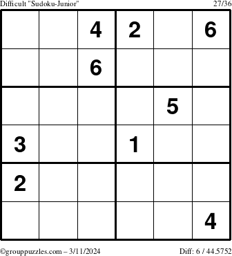 The grouppuzzles.com Difficult Sudoku-Junior puzzle for Monday March 11, 2024