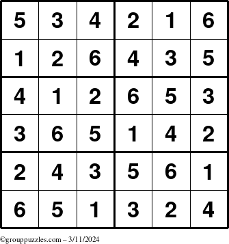 The grouppuzzles.com Answer grid for the Sudoku-Junior puzzle for Monday March 11, 2024