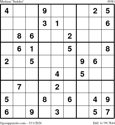 The grouppuzzles.com Medium Sudoku puzzle for Monday March 11, 2024