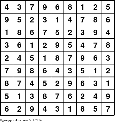 The grouppuzzles.com Answer grid for the Sudoku puzzle for Monday March 11, 2024