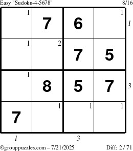 The grouppuzzles.com Easy Sudoku-4-5678 puzzle for Monday July 21, 2025 with all 2 steps marked