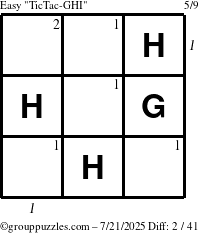 The grouppuzzles.com Easy TicTac-GHI puzzle for Monday July 21, 2025 with all 2 steps marked