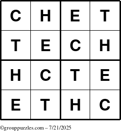 The grouppuzzles.com Answer grid for the Chet puzzle for Monday July 21, 2025