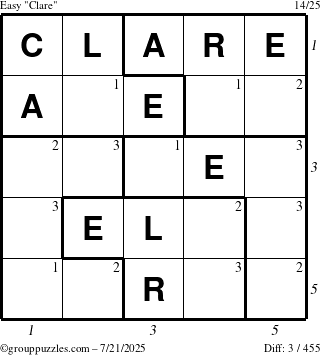 The grouppuzzles.com Easy Clare puzzle for Monday July 21, 2025 with all 3 steps marked