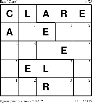 The grouppuzzles.com Easy Clare puzzle for Monday July 21, 2025 with the first 3 steps marked