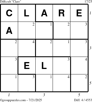 The grouppuzzles.com Difficult Clare puzzle for Monday July 21, 2025 with all 4 steps marked