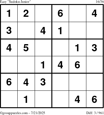 The grouppuzzles.com Easy Sudoku-Junior puzzle for Monday July 21, 2025