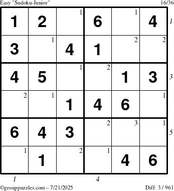The grouppuzzles.com Easy Sudoku-Junior puzzle for Monday July 21, 2025 with all 3 steps marked