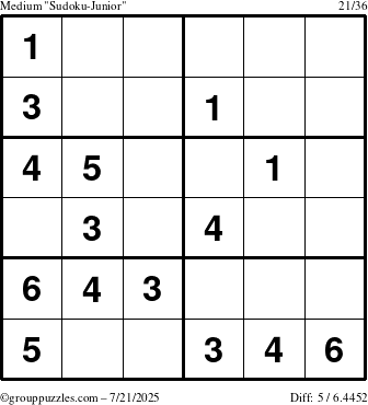 The grouppuzzles.com Medium Sudoku-Junior puzzle for Monday July 21, 2025