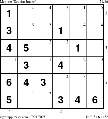 The grouppuzzles.com Medium Sudoku-Junior puzzle for Monday July 21, 2025 with all 5 steps marked
