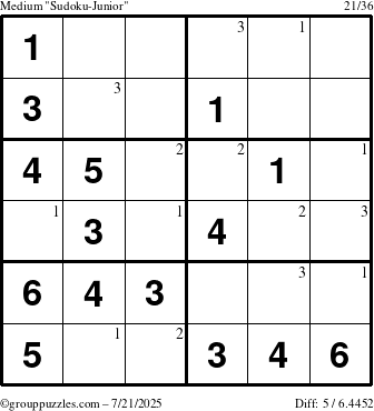 The grouppuzzles.com Medium Sudoku-Junior puzzle for Monday July 21, 2025 with the first 3 steps marked