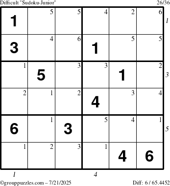 The grouppuzzles.com Difficult Sudoku-Junior puzzle for Monday July 21, 2025 with all 6 steps marked