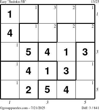 The grouppuzzles.com Easy Sudoku-5B puzzle for Monday July 21, 2025 with all 3 steps marked