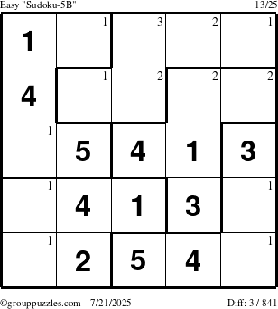 The grouppuzzles.com Easy Sudoku-5B puzzle for Monday July 21, 2025 with the first 3 steps marked