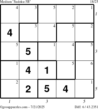 The grouppuzzles.com Medium Sudoku-5B puzzle for Monday July 21, 2025 with all 6 steps marked