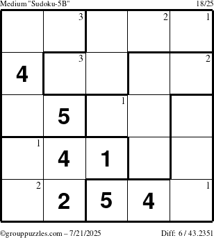 The grouppuzzles.com Medium Sudoku-5B puzzle for Monday July 21, 2025 with the first 3 steps marked