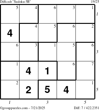 The grouppuzzles.com Difficult Sudoku-5B puzzle for Monday July 21, 2025 with all 7 steps marked