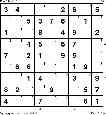 The grouppuzzles.com Easy Sudoku puzzle for Monday July 21, 2025 with all 3 steps marked