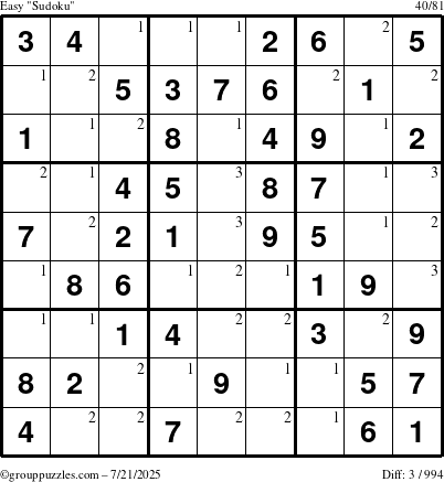 The grouppuzzles.com Easy Sudoku puzzle for Monday July 21, 2025 with the first 3 steps marked