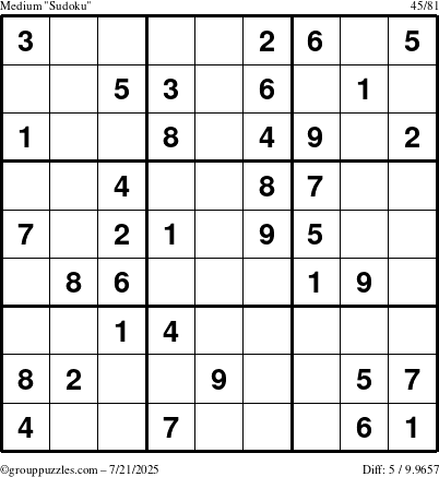 The grouppuzzles.com Medium Sudoku puzzle for Monday July 21, 2025