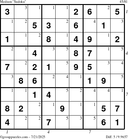 The grouppuzzles.com Medium Sudoku puzzle for Monday July 21, 2025 with all 5 steps marked