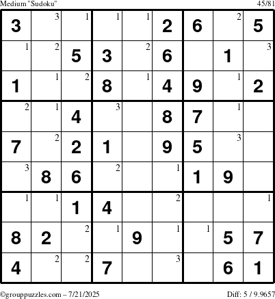 The grouppuzzles.com Medium Sudoku puzzle for Monday July 21, 2025 with the first 3 steps marked