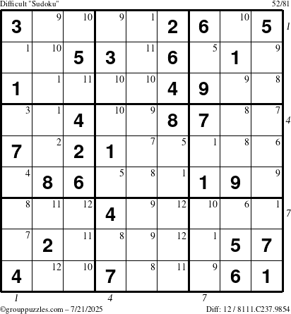 The grouppuzzles.com Difficult Sudoku puzzle for Monday July 21, 2025 with all 12 steps marked
