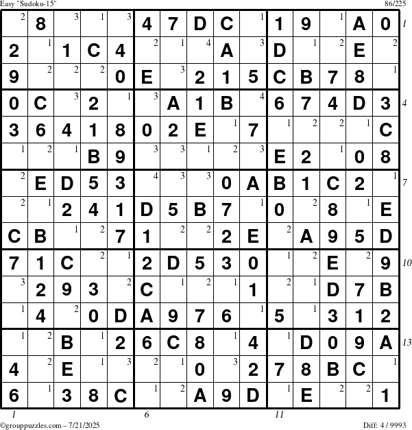 The grouppuzzles.com Easy Sudoku-15 puzzle for Monday July 21, 2025 with all 4 steps marked