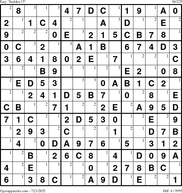 The grouppuzzles.com Easy Sudoku-15 puzzle for Monday July 21, 2025 with the first 3 steps marked