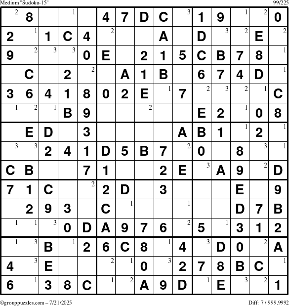 The grouppuzzles.com Medium Sudoku-15 puzzle for Monday July 21, 2025 with the first 3 steps marked