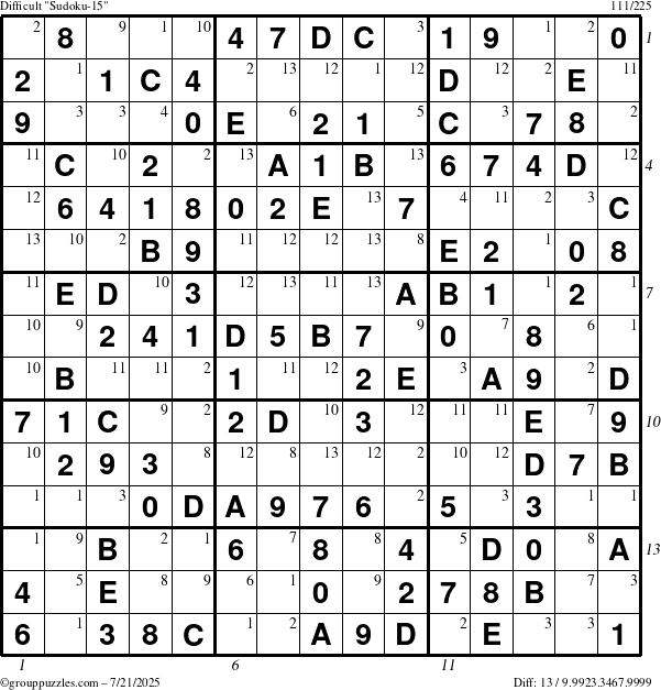 The grouppuzzles.com Difficult Sudoku-15 puzzle for Monday July 21, 2025, suitable for printing, with all 13 steps marked