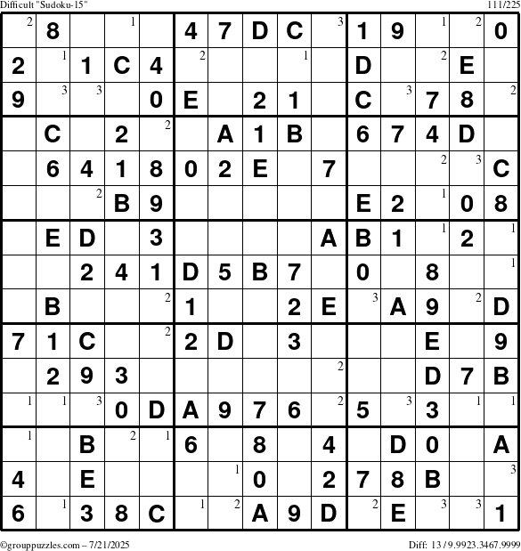 The grouppuzzles.com Difficult Sudoku-15 puzzle for Monday July 21, 2025 with the first 3 steps marked