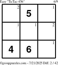 The grouppuzzles.com Easy TicTac-456 puzzle for Monday July 21, 2025 with the first 2 steps marked