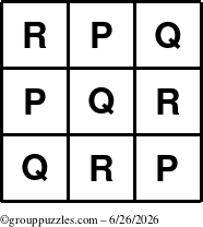 The grouppuzzles.com Answer grid for the TicTac-PQR puzzle for Friday June 26, 2026