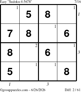 The grouppuzzles.com Easy Sudoku-4-5678 puzzle for Friday June 26, 2026, suitable for printing, with all 2 steps marked