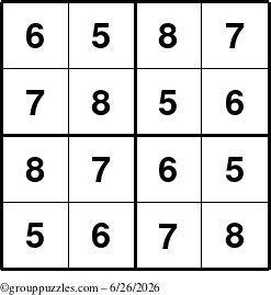 The grouppuzzles.com Answer grid for the Sudoku-4-5678 puzzle for Friday June 26, 2026