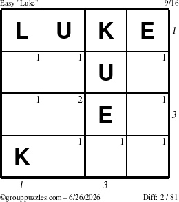 The grouppuzzles.com Easy Luke puzzle for Friday June 26, 2026, suitable for printing, with all 2 steps marked