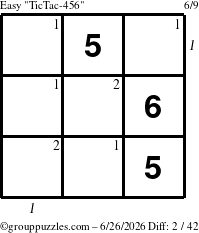 The grouppuzzles.com Easy TicTac-456 puzzle for Friday June 26, 2026 with all 2 steps marked