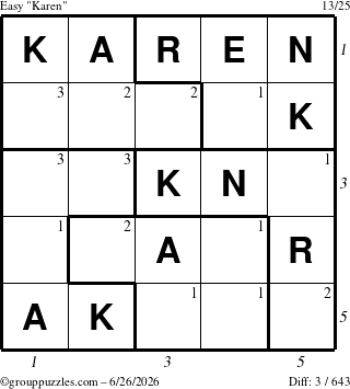 The grouppuzzles.com Easy Karen puzzle for Friday June 26, 2026 with all 3 steps marked