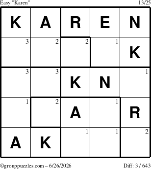 The grouppuzzles.com Easy Karen puzzle for Friday June 26, 2026 with the first 3 steps marked