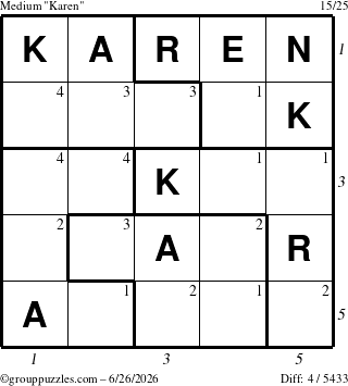 The grouppuzzles.com Medium Karen puzzle for Friday June 26, 2026 with all 4 steps marked