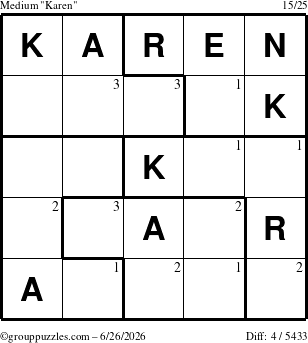 The grouppuzzles.com Medium Karen puzzle for Friday June 26, 2026 with the first 3 steps marked