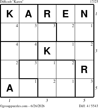 The grouppuzzles.com Difficult Karen puzzle for Friday June 26, 2026, suitable for printing, with all 4 steps marked