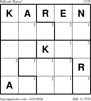 The grouppuzzles.com Difficult Karen puzzle for Friday June 26, 2026 with the first 3 steps marked