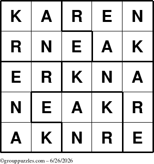 The grouppuzzles.com Answer grid for the Karen puzzle for Friday June 26, 2026