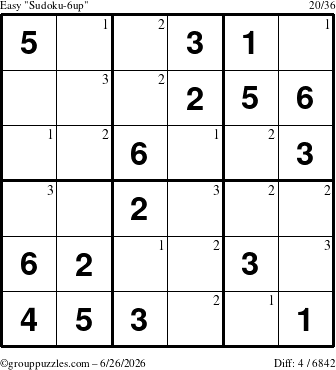 The grouppuzzles.com Easy Sudoku-6up puzzle for Friday June 26, 2026 with the first 3 steps marked